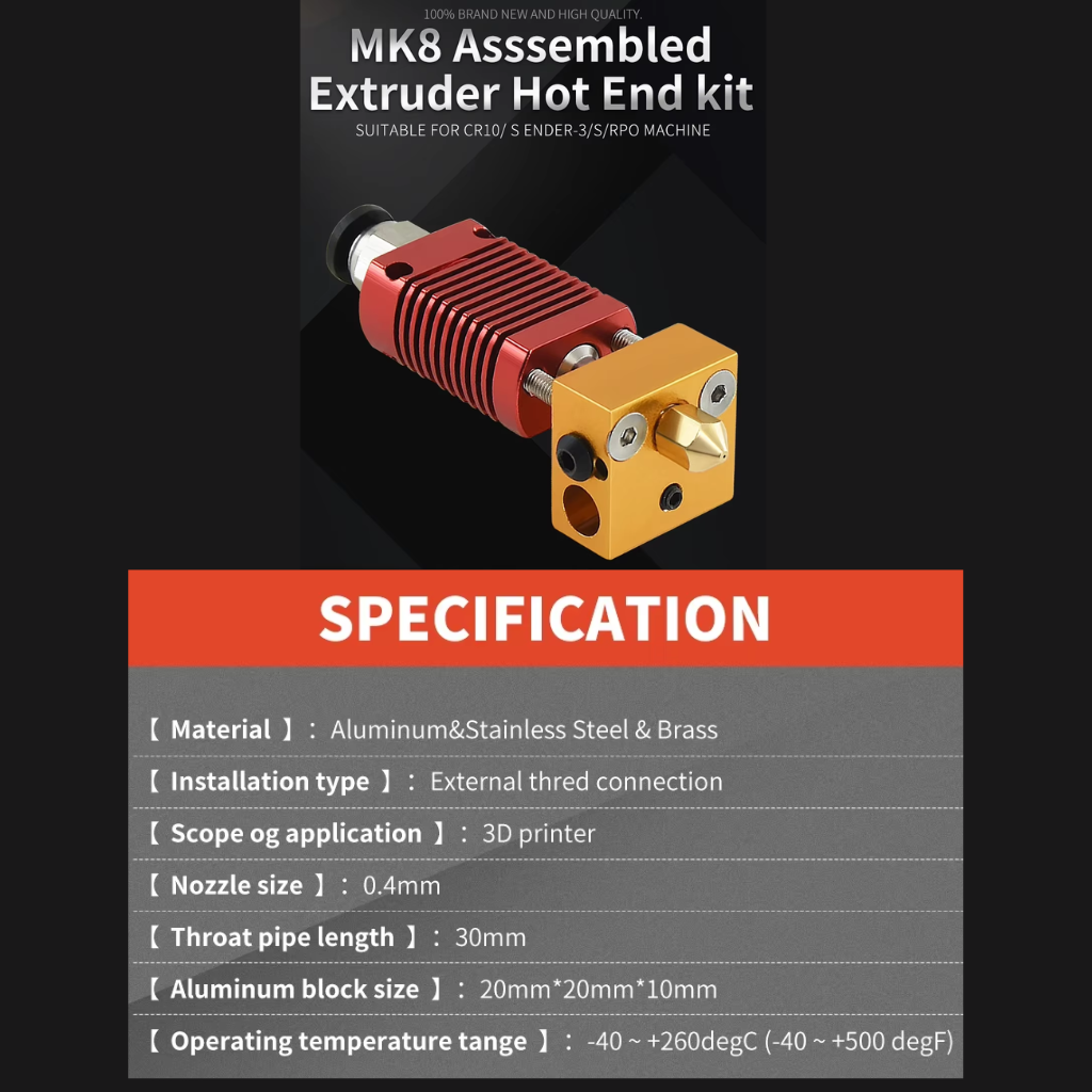 Hotend MK8 Ender 3 CR10 Montado Completo 1.75mm Bico 0.4mm