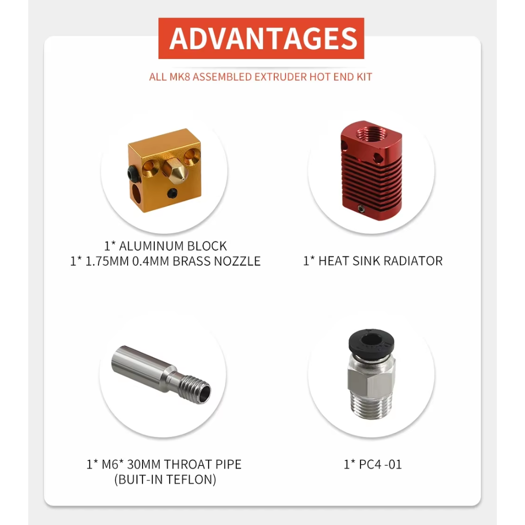 Hotend MK8 Ender 3 CR10 Montado Completo 1.75mm Bico 0.4mm